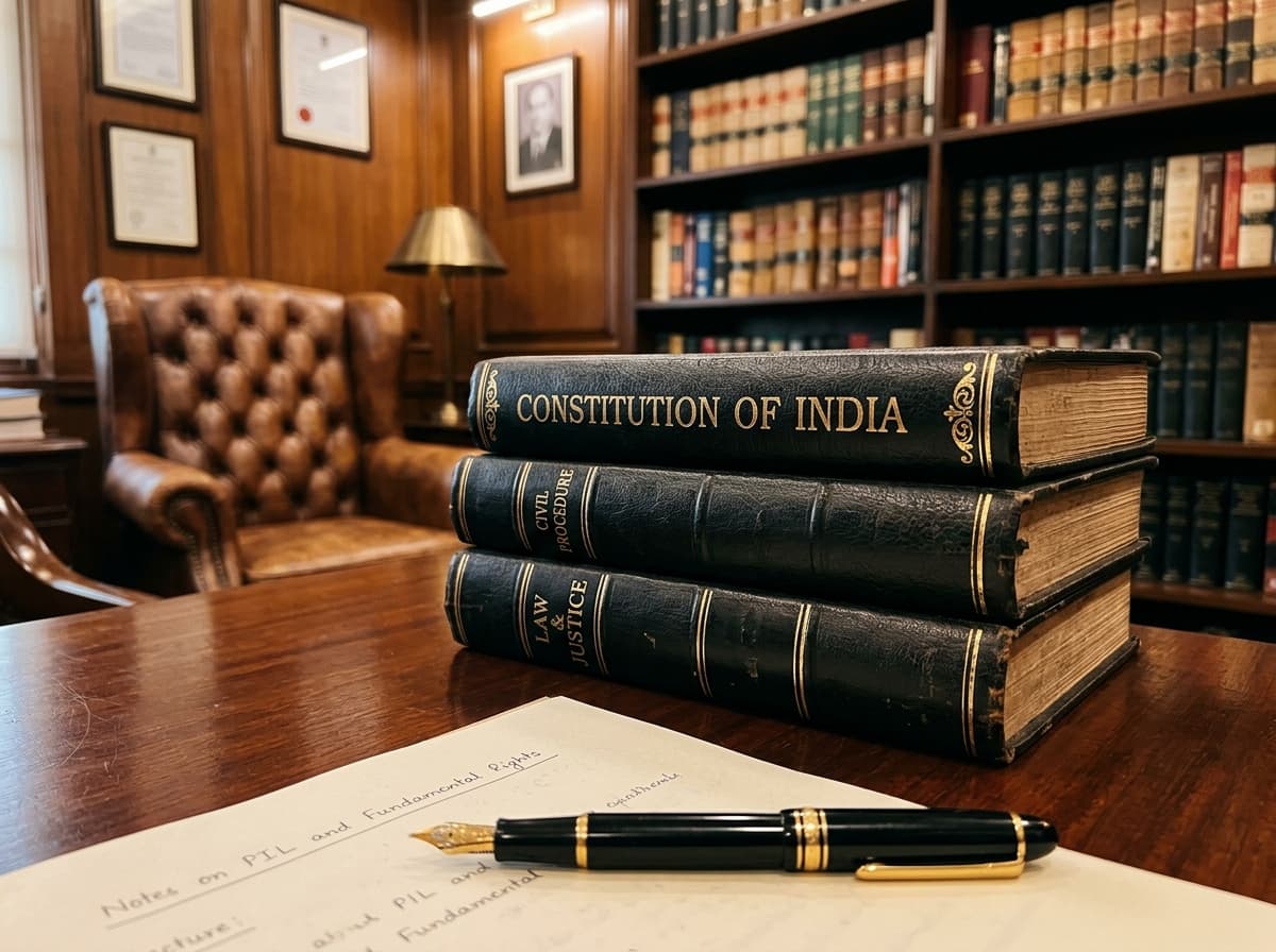 Constitution of India, Civil Procedure, and Law & Justice leather books with fountain pen on desk