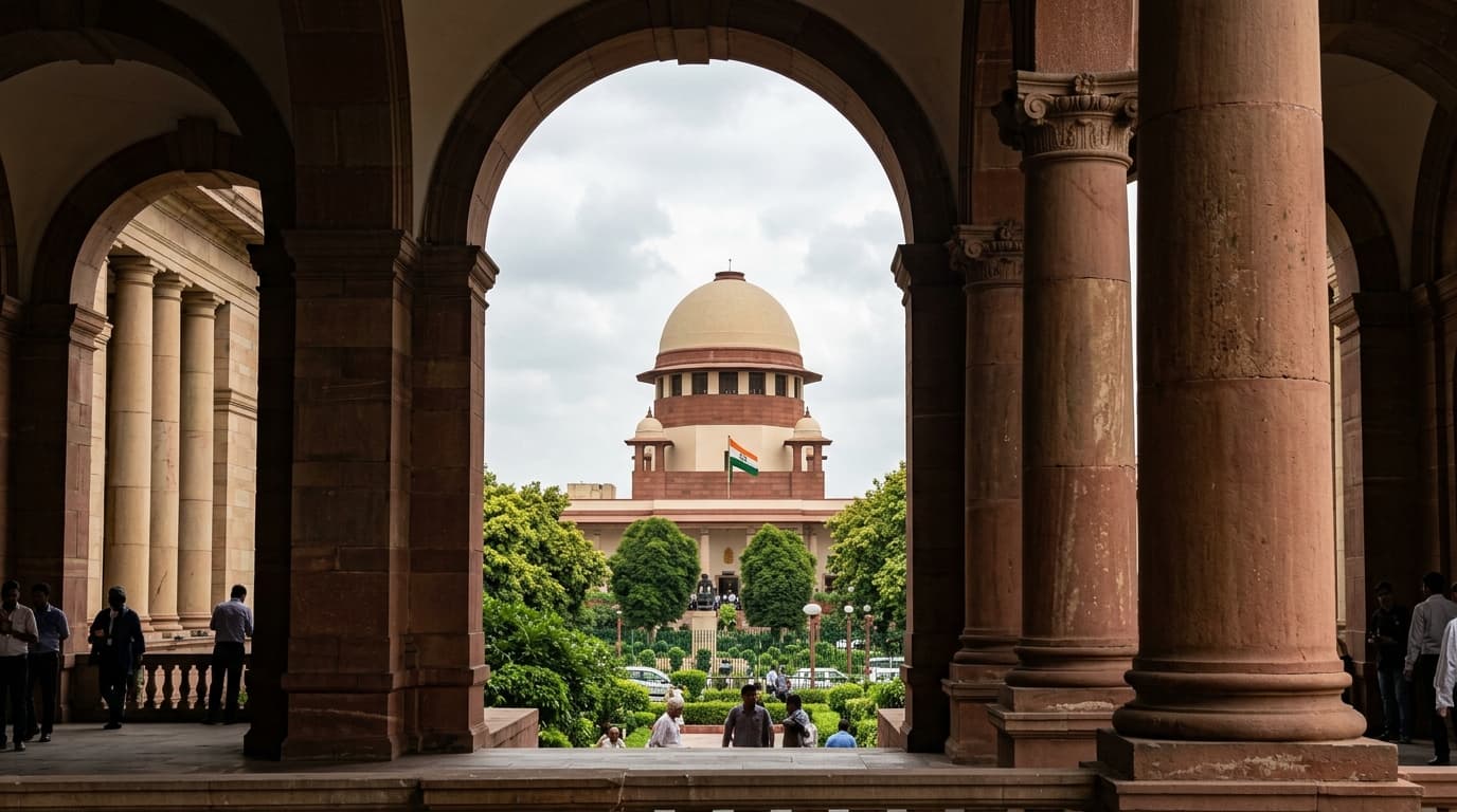Grand dome of Supreme Court of India viewed through monumental sandstone columns