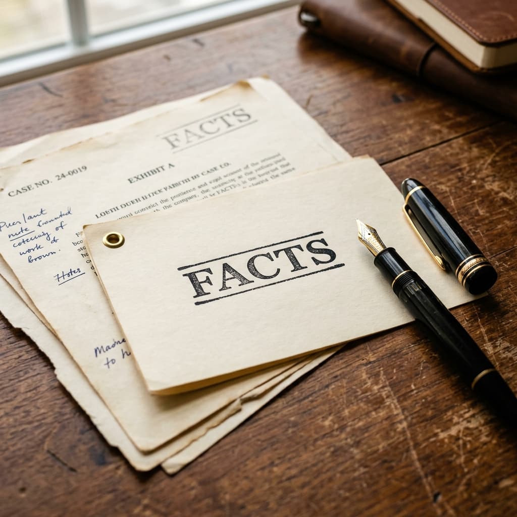 Understand the facts and evidence - Case briefs with FACTS stamp and fountain pen