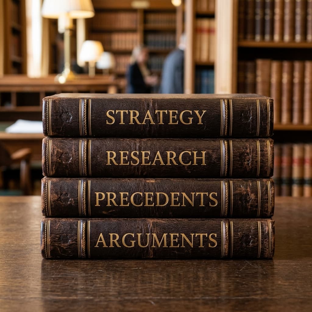 Prepare legal strategy - Leather law books STRATEGY, RESEARCH, PRECEDENTS, ARGUMENTS
