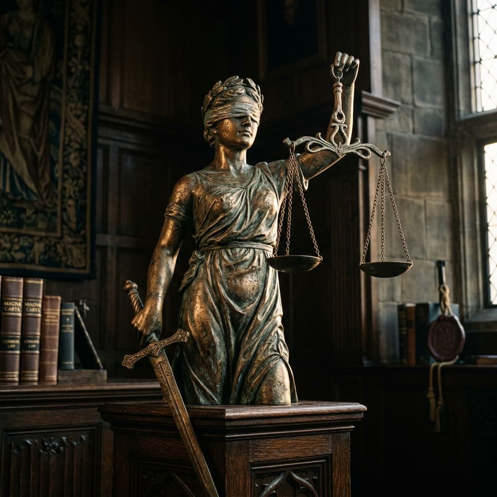 Advocate in court - Bronze Lady Justice holding scales