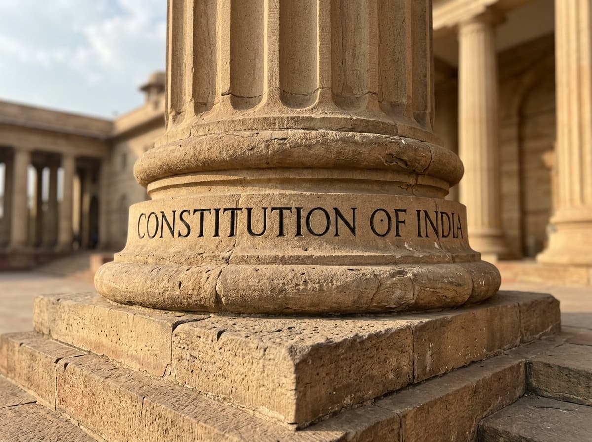 Classical sandstone pillar base engraved with Constitution of India