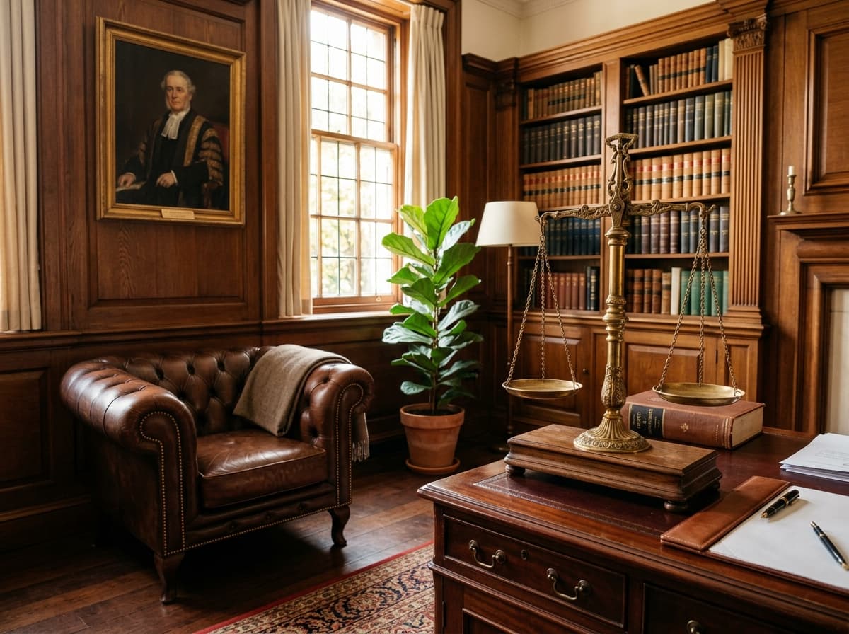 Chamber consultation desk with brass scales of justice and executive leather armchair
