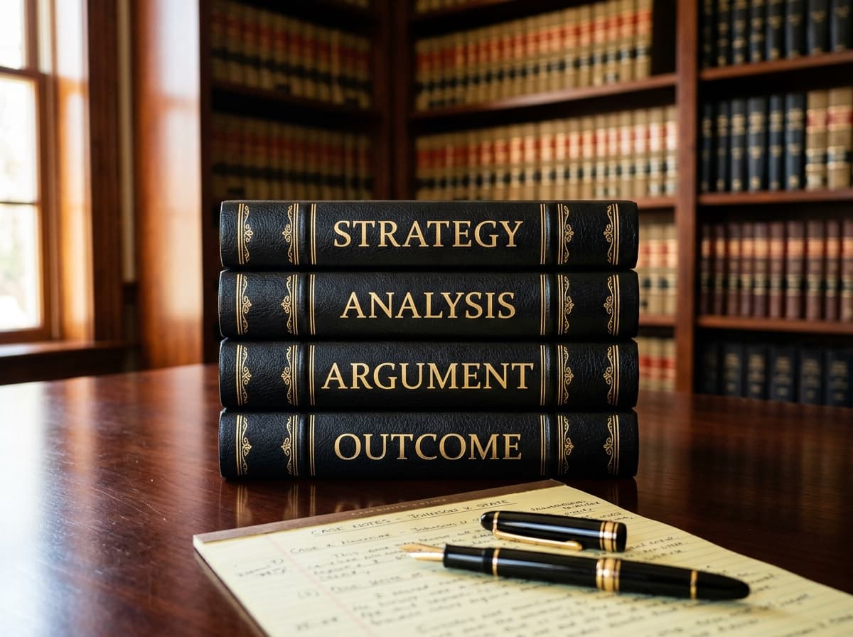 Stack of Strategy, Analysis, Argument, Outcome law books on mahogany desk with fountain pen