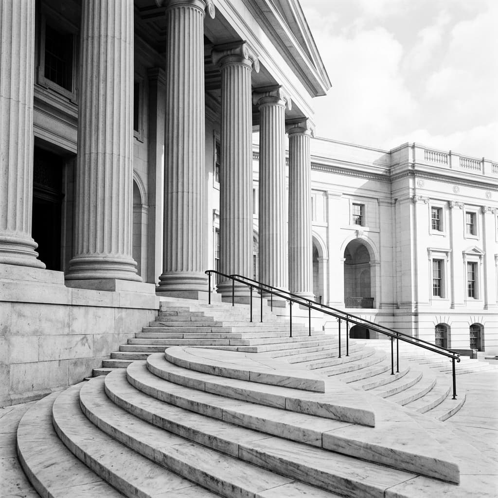 Classical courthouse circular marble steps curving towards monumental columns