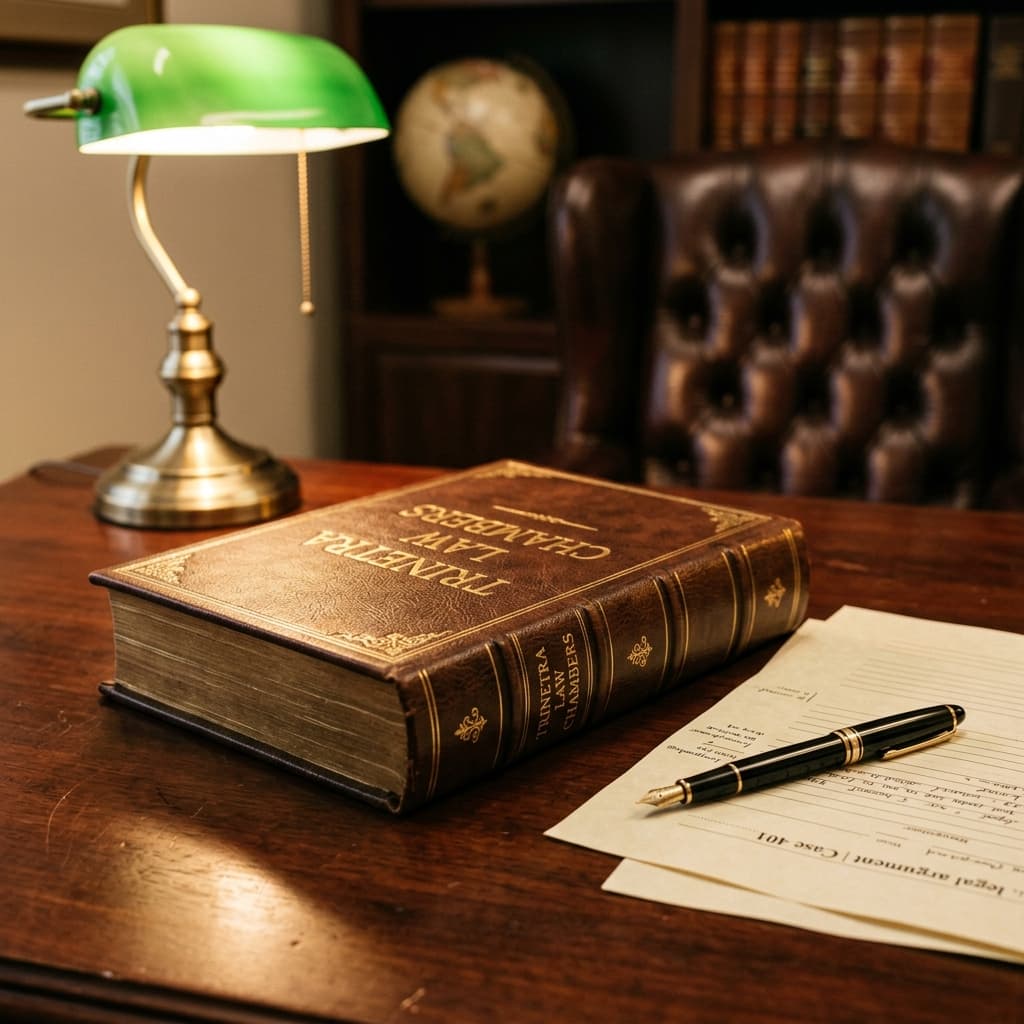 Trinetra Law Chambers foundation desk in 2008 with leather-bound book and brass lamp
