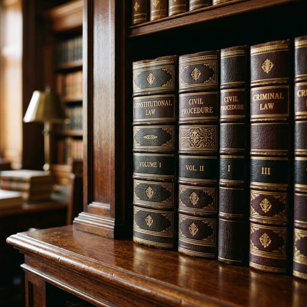 Expanded law library showing volumes of constitutional, civil, and criminal law